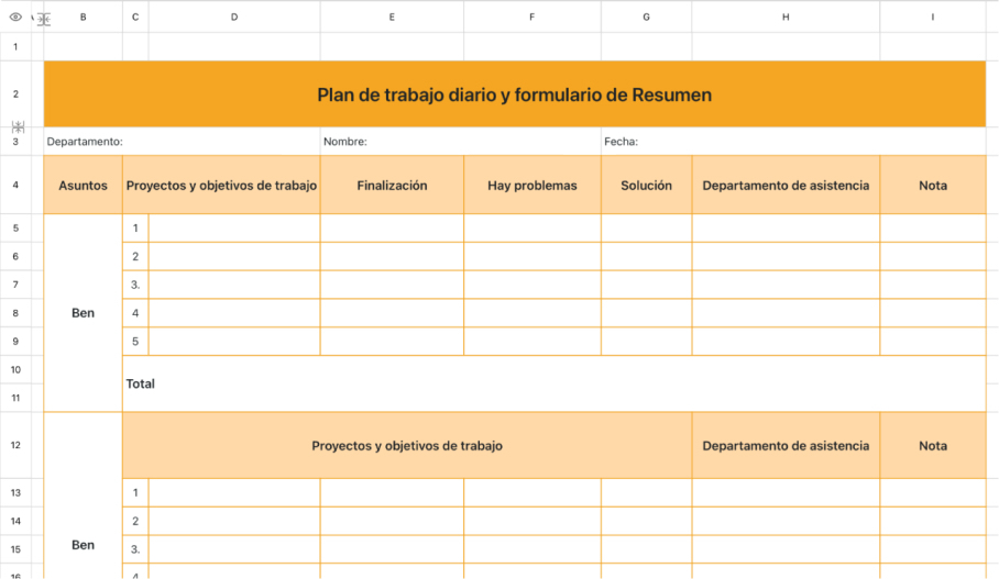 Plan de trabajo diario y formulario de Resumen